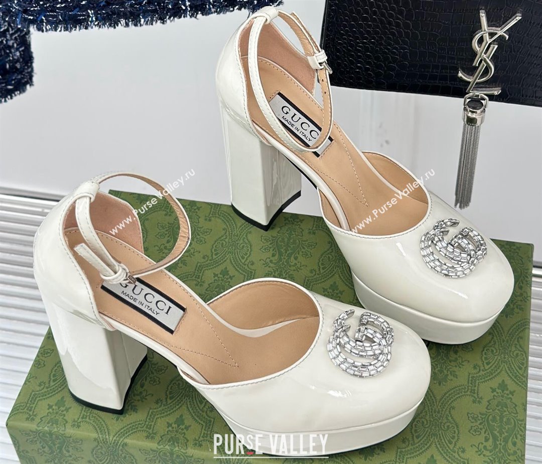 Gucci Heel 11.5cm Womens platform 3.5cm pumps with crystals Double G 762386 Patent White 2023 (modeng-23111419)