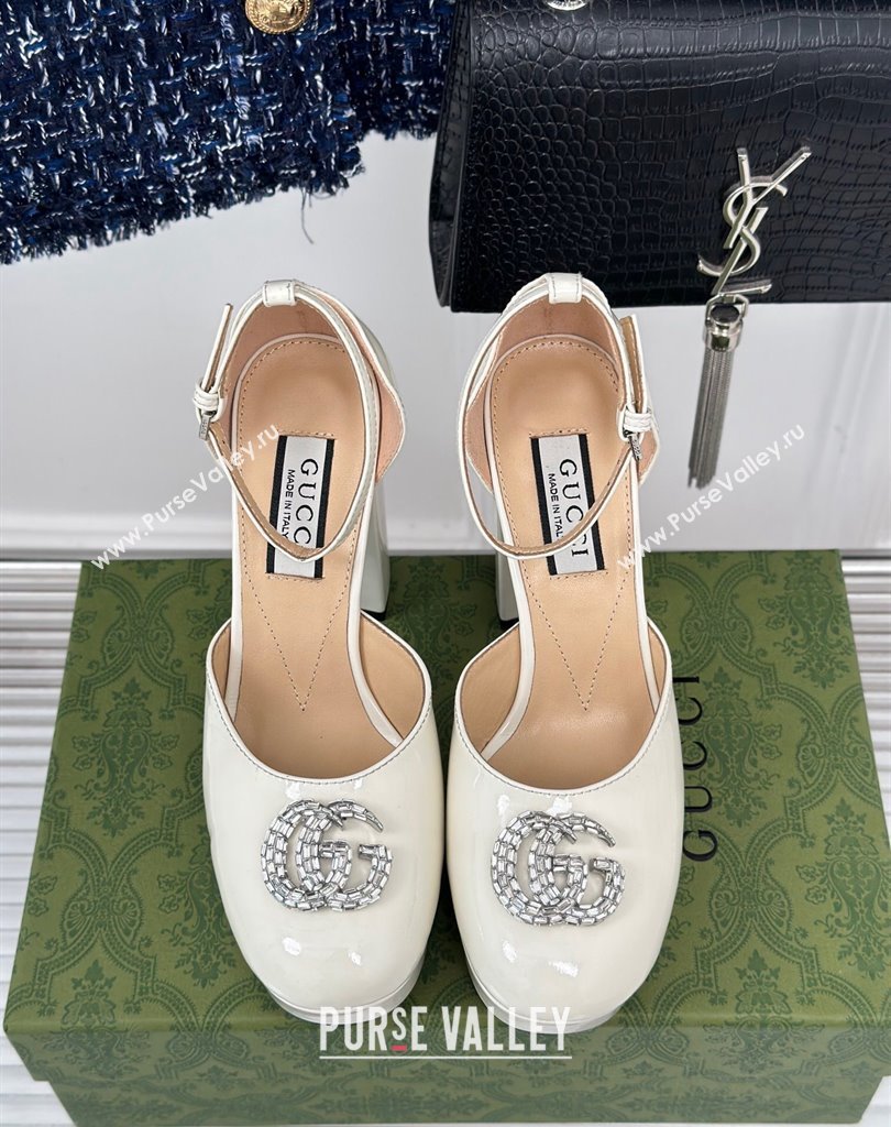 Gucci Heel 11.5cm Womens platform 3.5cm pumps with crystals Double G 762386 Patent White 2023 (modeng-23111419)