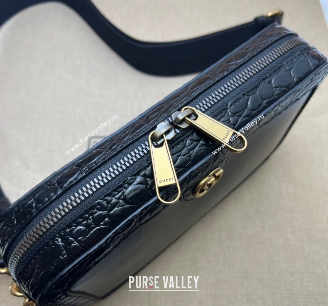 Gucci Crocodile trim shoulder bag with Double G 710861 black 2024 (dlh-23112425)