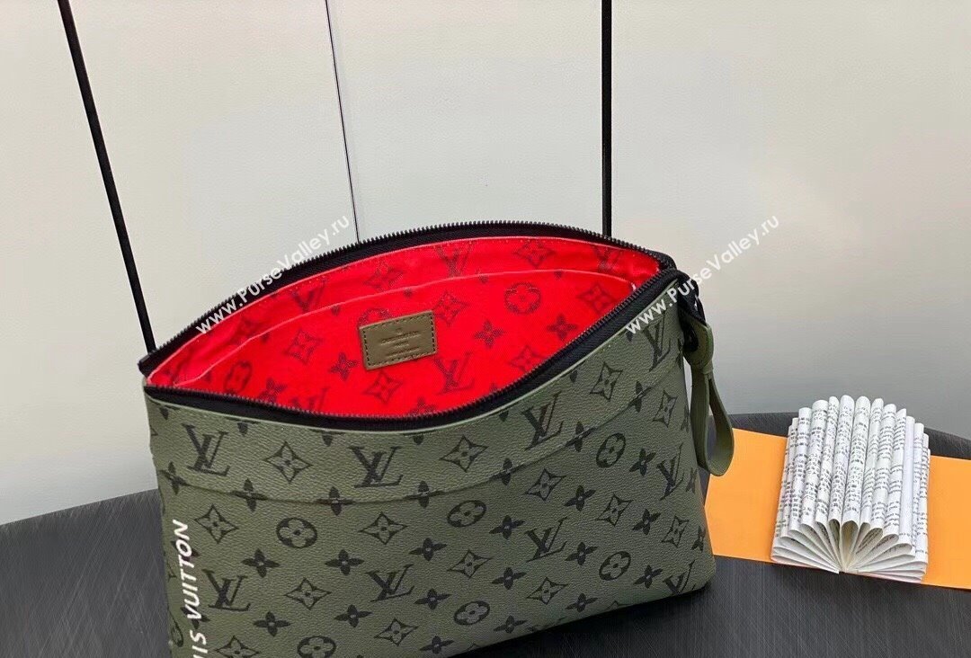 Louis Vuitton Monogram Canvas Pochette Voyage Souple Bag M82800 Khaki Green/Vermillion Red 2023 (kiki-23111312)