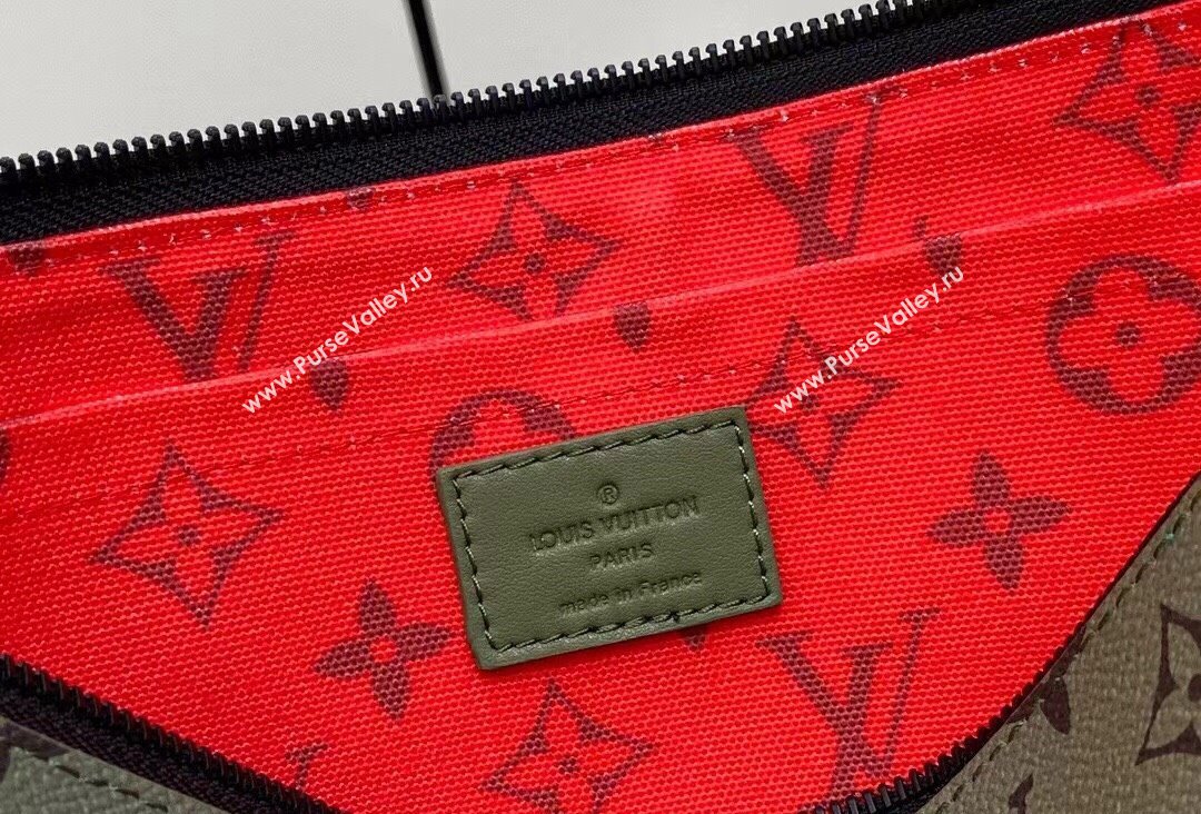 Louis Vuitton Monogram Canvas Pochette Voyage Souple Bag M82800 Khaki Green/Vermillion Red 2023 (kiki-23111312)