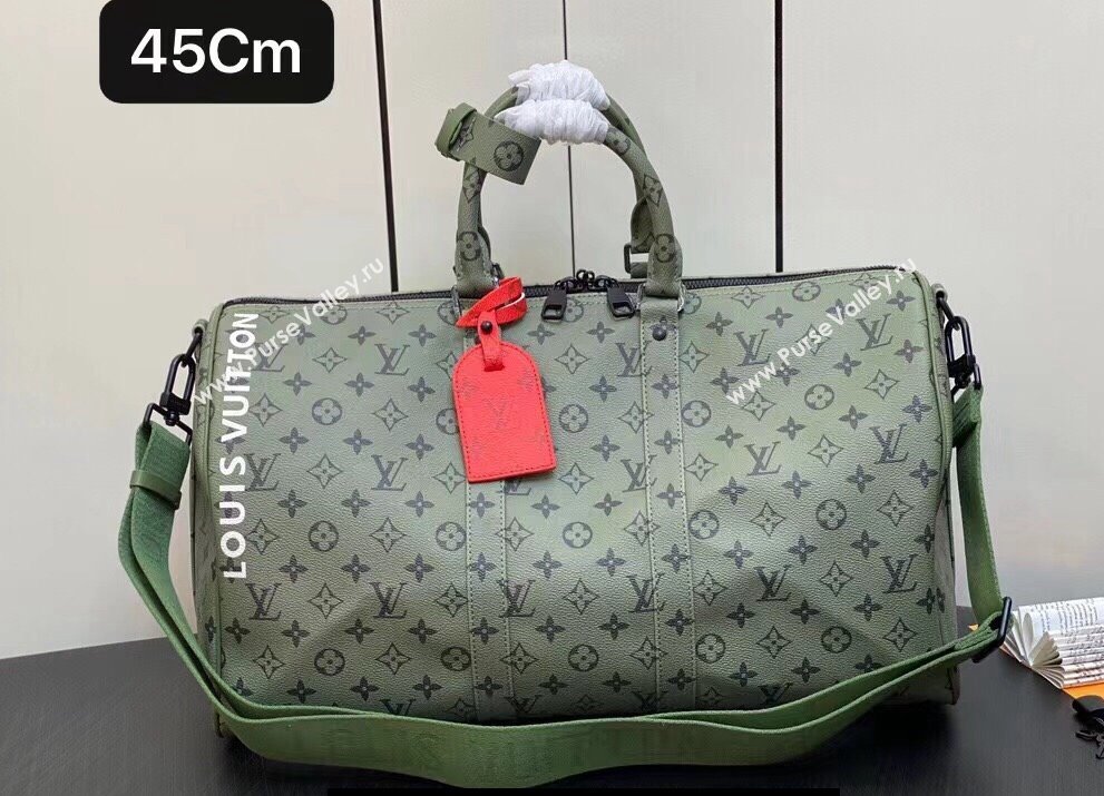 Louis Vuitton Monogram Canvas Keepall Bandoulière 45 Bag M23962 Khaki Green/Vermillion Red 2023 (kiki-23111317)