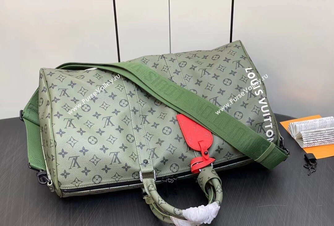 Louis Vuitton Monogram Canvas Keepall Bandoulière 45 Bag M23962 Khaki Green/Vermillion Red 2023 (kiki-23111317)