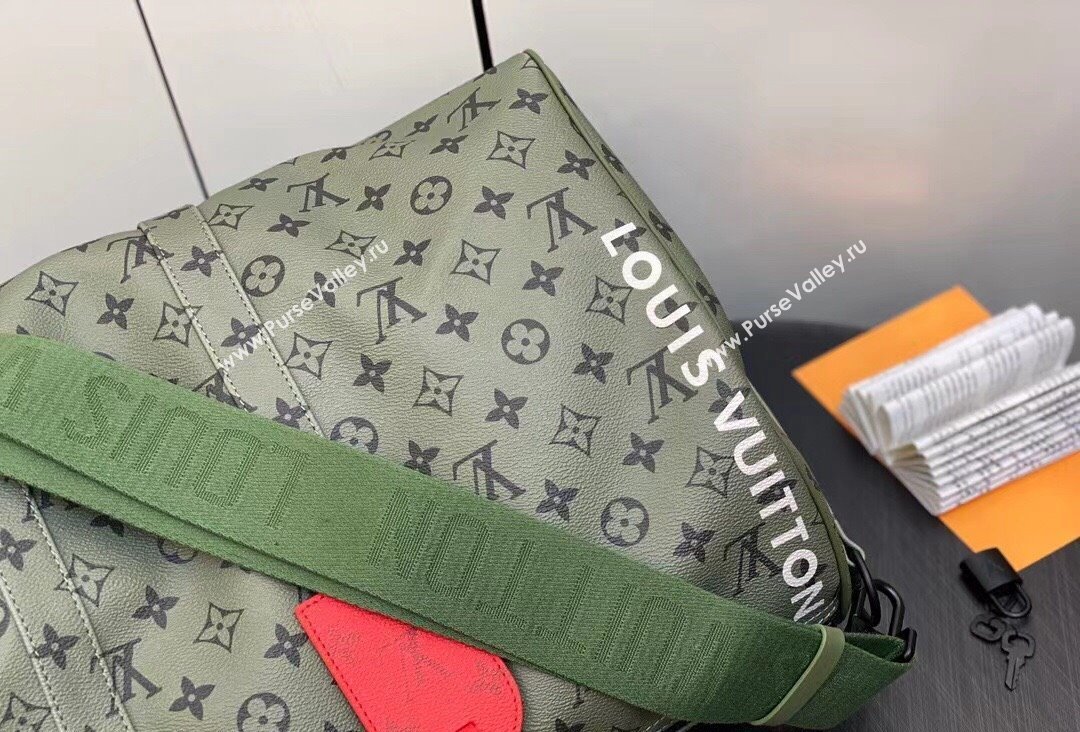 Louis Vuitton Monogram Canvas Keepall Bandoulière 45 Bag M23962 Khaki Green/Vermillion Red 2023 (kiki-23111317)