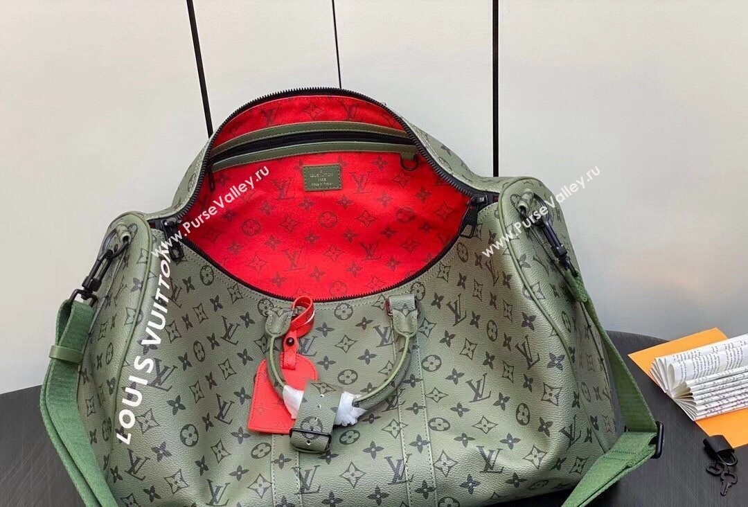 Louis Vuitton Monogram Canvas Keepall Bandoulière 45 Bag M23962 Khaki Green/Vermillion Red 2023 (kiki-23111317)