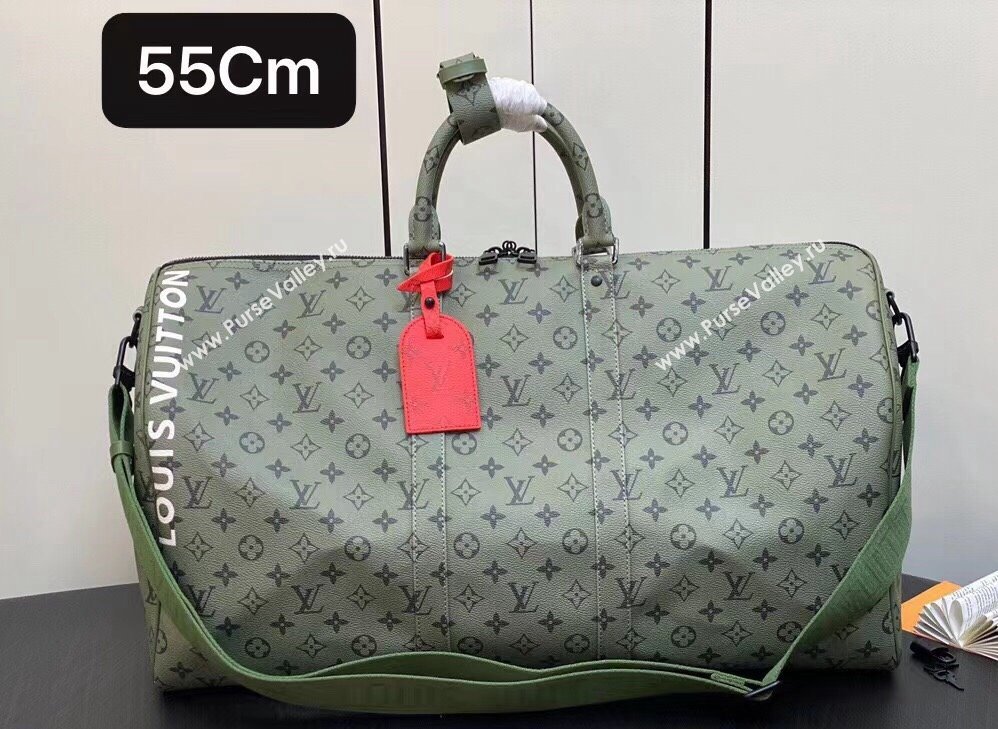 Louis Vuitton Monogram Canvas Keepall Bandoulière 55 Bag M23963 Khaki Green/Vermillion Red 2023 (kiki-23111318)