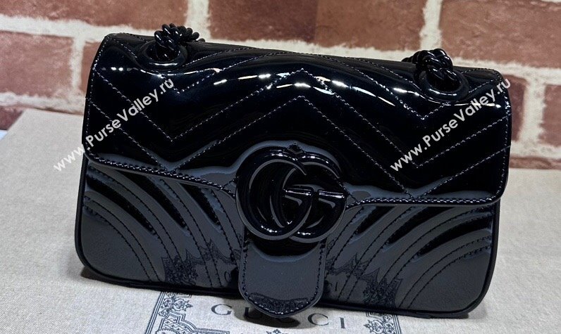 Gucci GG Marmont patent mini shoulder bag 446744 Black 2024 (dlh-23112318)