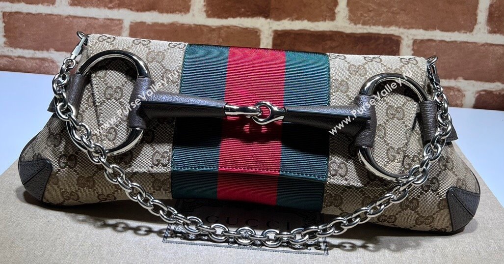 Gucci Horsebit Chain medium shoulder bag 764255 Beige and ebony Original GG canvas (dlh-23111408)