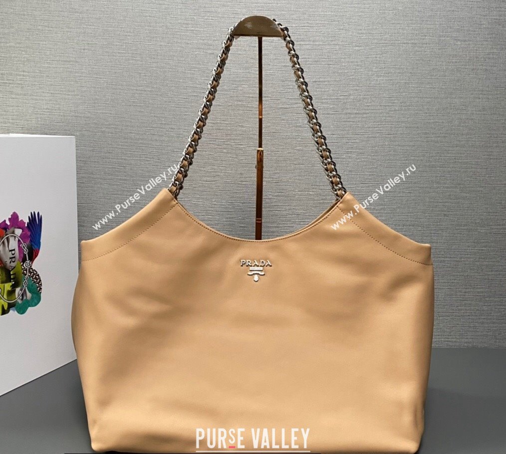 Prada Soft Calfskin Leather Chain Tote Bag 1BA638 Beige 2023 (ziyin-23111615)