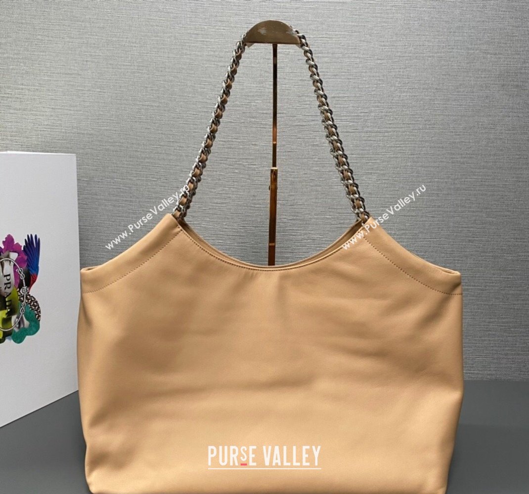 Prada Soft Calfskin Leather Chain Tote Bag 1BA638 Beige 2023 (ziyin-23111615)