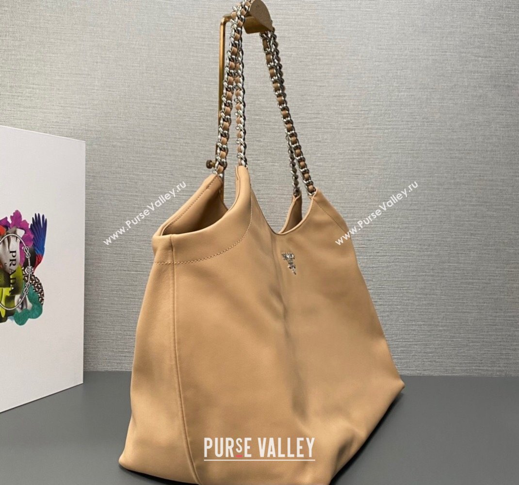Prada Soft Calfskin Leather Chain Tote Bag 1BA638 Beige 2023 (ziyin-23111615)