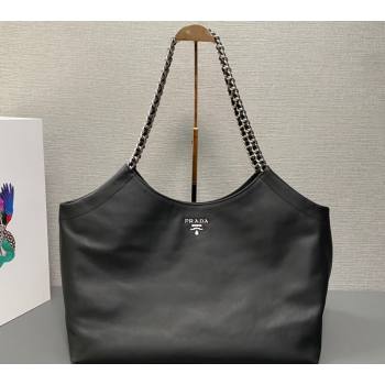 Prada Soft Calfskin Leather Chain Tote Bag 1BA638 Black 2023 (ziyin-23111614)