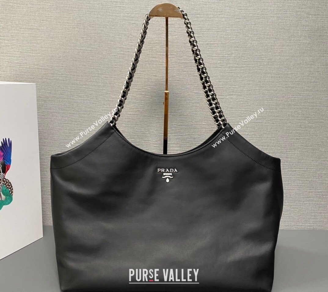 Prada Soft Calfskin Leather Chain Tote Bag 1BA638 Black 2023 (ziyin-23111614)