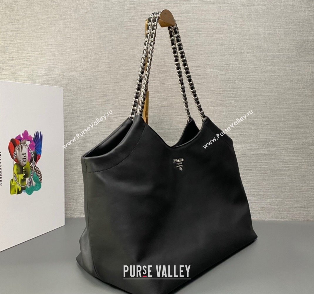 Prada Soft Calfskin Leather Chain Tote Bag 1BA638 Black 2023 (ziyin-23111614)