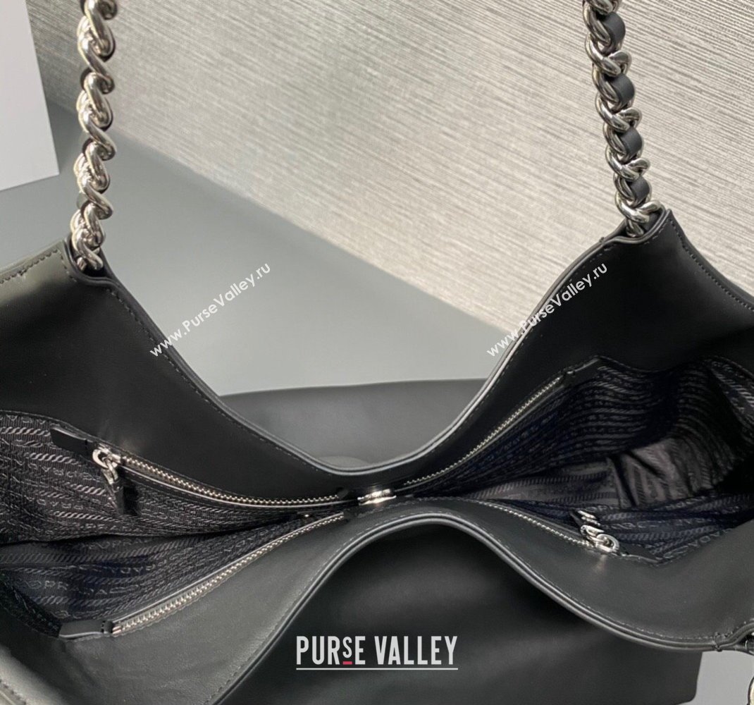 Prada Soft Calfskin Leather Chain Tote Bag 1BA638 Black 2023 (ziyin-23111614)
