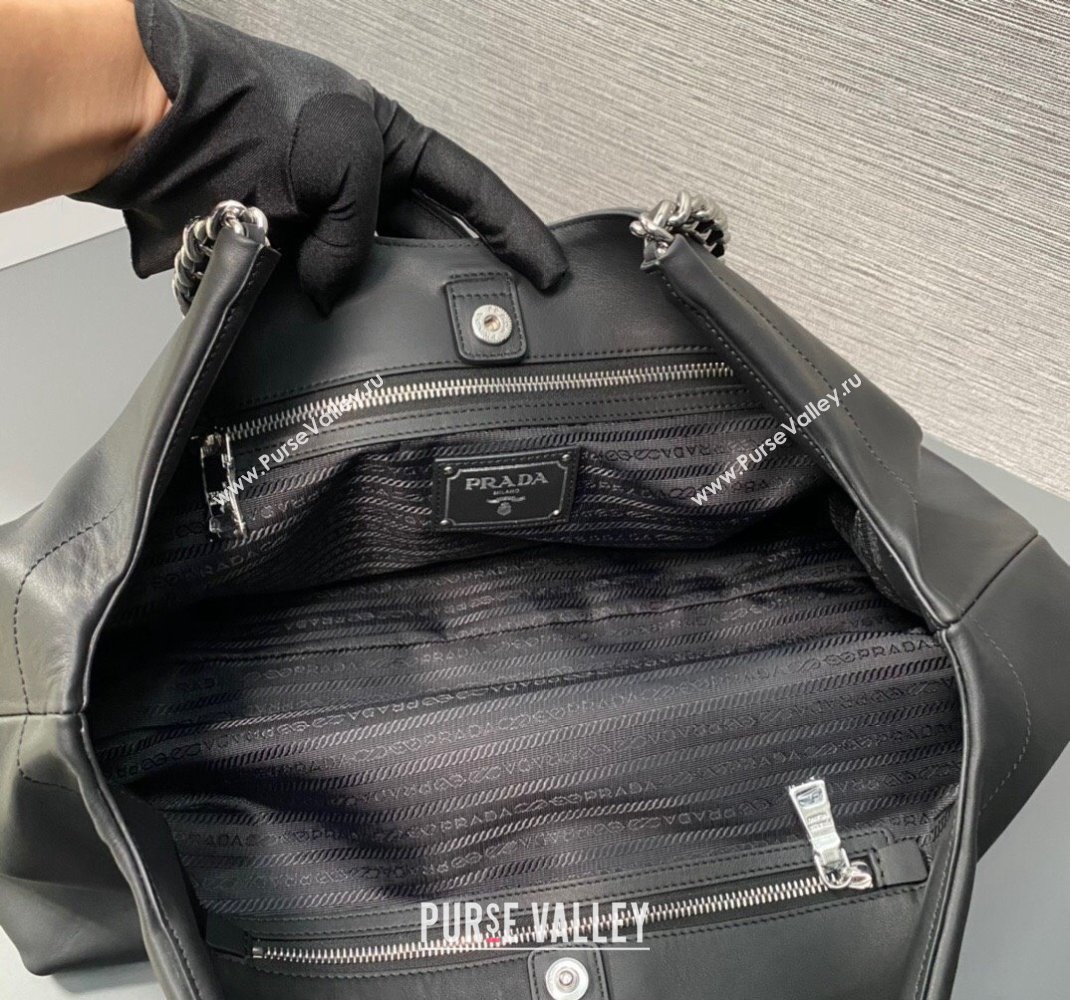 Prada Soft Calfskin Leather Chain Tote Bag 1BA638 Black 2023 (ziyin-23111614)