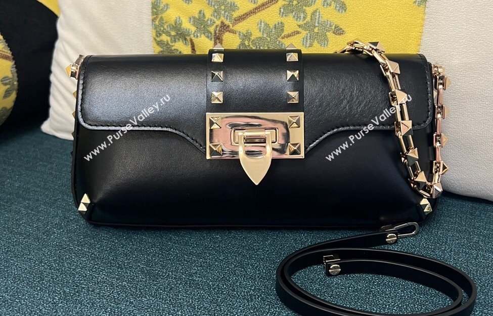 Valentino Rockstud Brushed Calfskin Shoulder Bag Black/Gold 2023 (xinyidai-23111702)