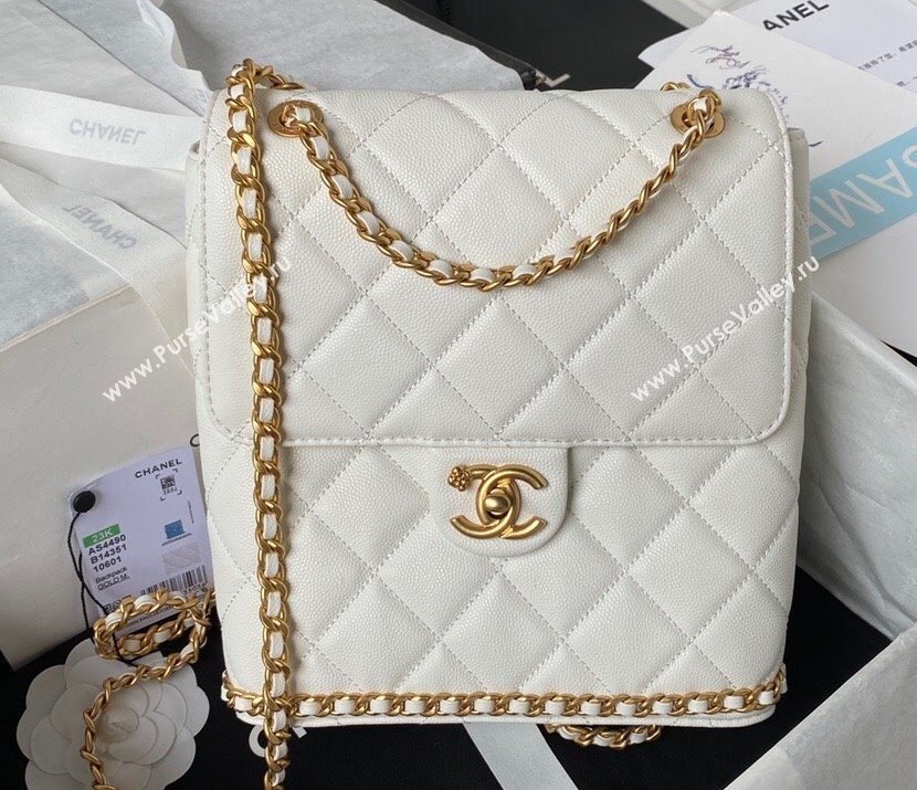 Chanel Grained Calfskin & Gold-Tone Metal Chain Backpack Bag AS4490 White 2023 (jiyuan-23111629)
