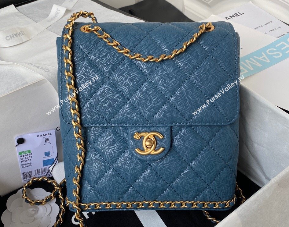 Chanel Grained Calfskin & Gold-Tone Metal Chain Backpack Bag AS4490 Blue 2023 (jiyuan-23111633)