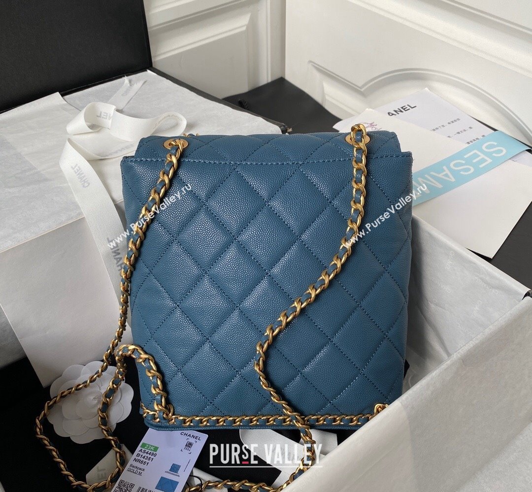 Chanel Grained Calfskin & Gold-Tone Metal Chain Backpack Bag AS4490 Blue 2023 (jiyuan-23111633)