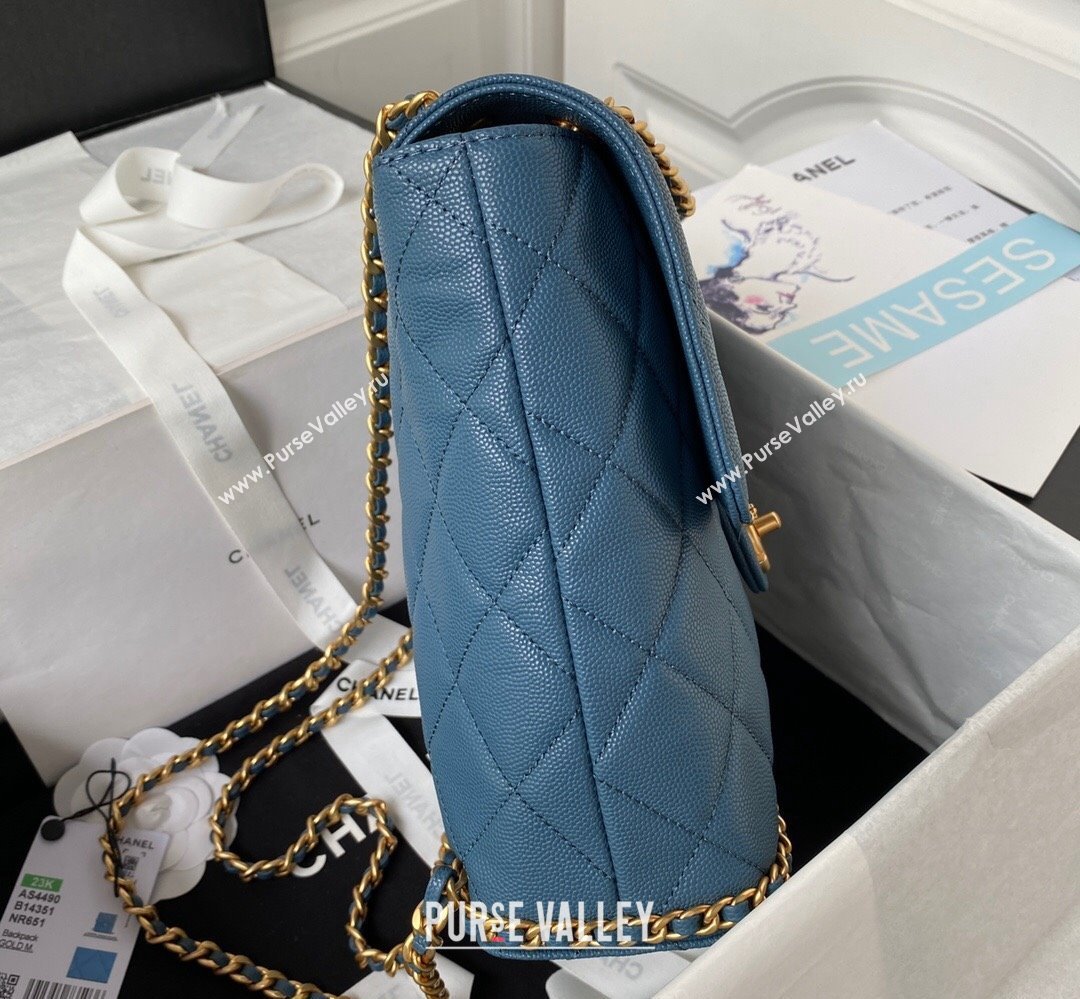 Chanel Grained Calfskin & Gold-Tone Metal Chain Backpack Bag AS4490 Blue 2023 (jiyuan-23111633)