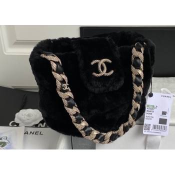 Chanel Shearling and Crystal Bucket Bag AS2257 Black 2023 (jiyuan-23111614)