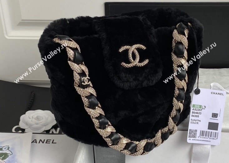 Chanel Shearling and Crystal Bucket Bag AS2257 Black 2023 (jiyuan-23111614)