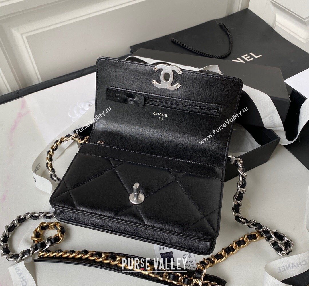 Chanel 19 Shiny Lambskin Wallet On Chain WOC Bag AP3267 Black/Silver 2023 (jiyuan-23111724)