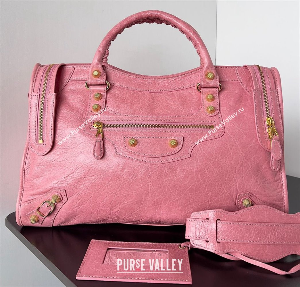 Balenciaga Classic City Large Handbag with Spiral Hardware in Arena Lambskin Pink/Gold (jiche-23112001)