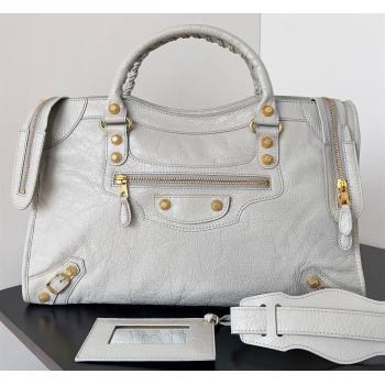 Balenciaga Classic City Large Handbag with Spiral Hardware in Arena Lambskin Pale Gray/Gold (jiche-23112002)