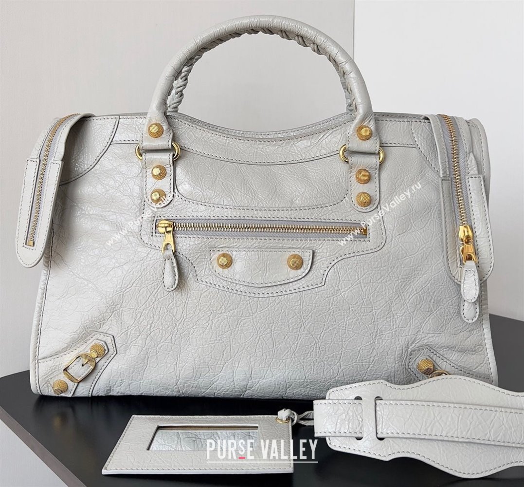 Balenciaga Classic City Large Handbag with Spiral Hardware in Arena Lambskin Pale Gray/Gold (jiche-23112002)