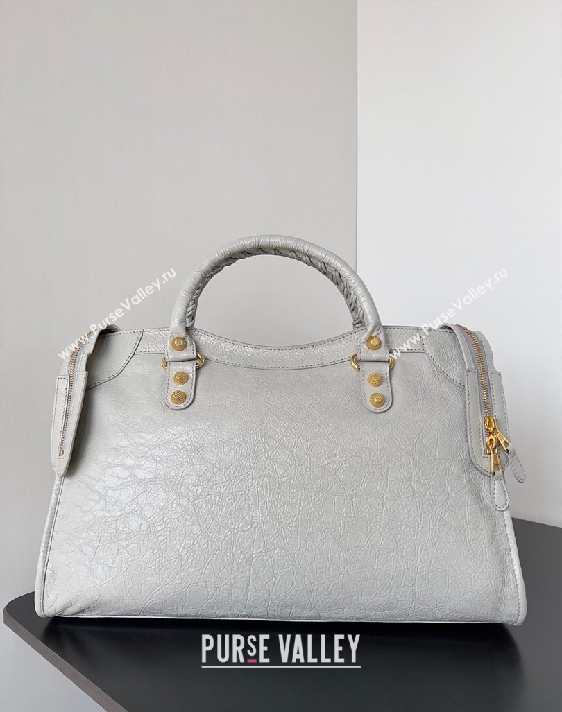 Balenciaga Classic City Large Handbag with Spiral Hardware in Arena Lambskin Pale Gray/Gold (jiche-23112002)