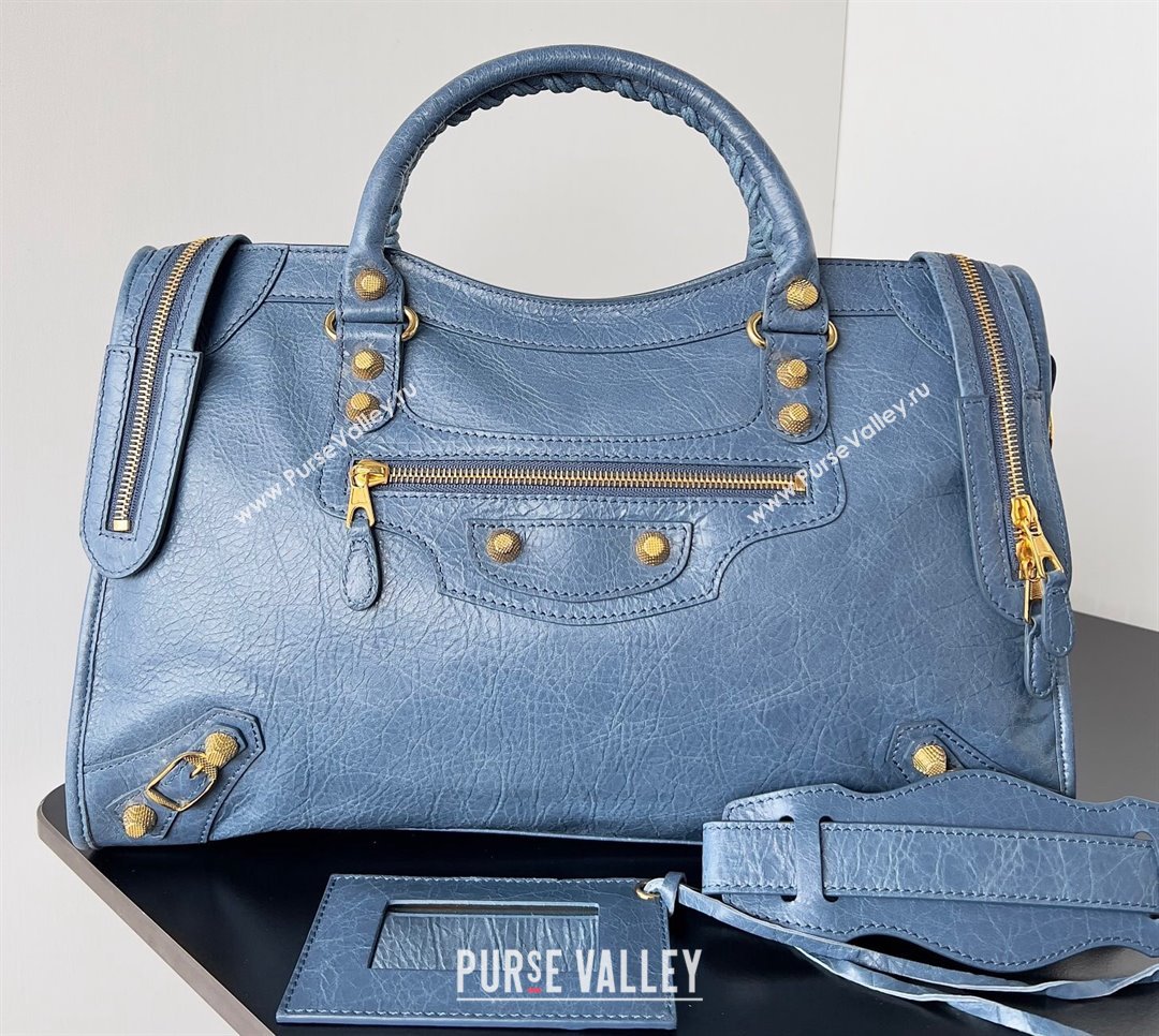 Balenciaga Classic City Large Handbag with Spiral Hardware in Arena Lambskin Navy Blue/Gold (jiche-23112003)