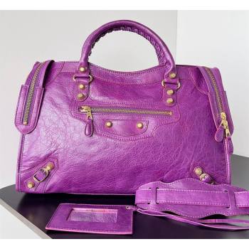 Balenciaga Classic City Large Handbag with Spiral Hardware in Arena Lambskin Purple/Gold (jiche-23112004)