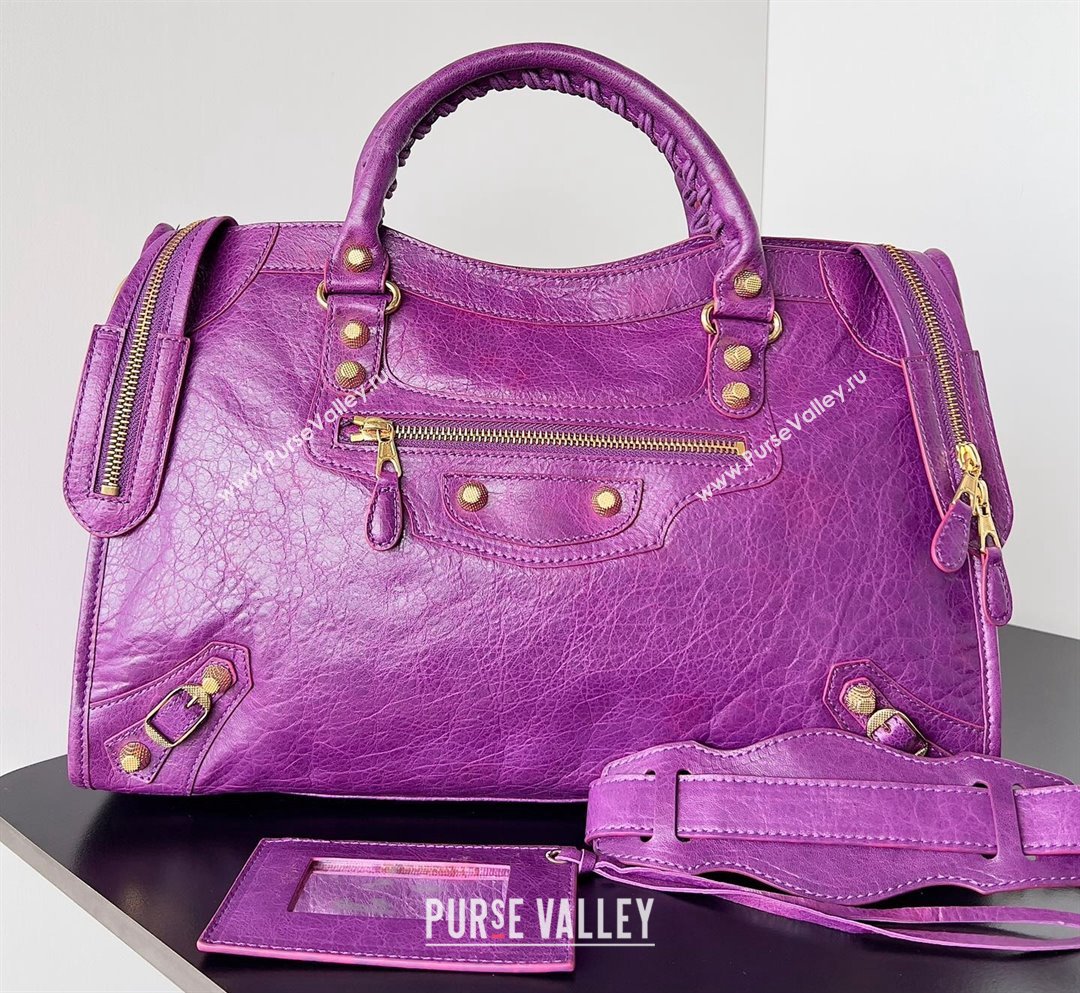Balenciaga Classic City Large Handbag with Spiral Hardware in Arena Lambskin Purple/Gold (jiche-23112004)