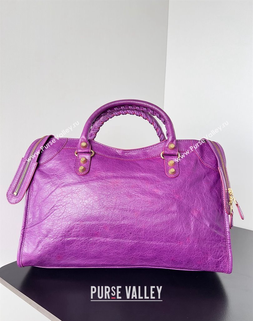 Balenciaga Classic City Large Handbag with Spiral Hardware in Arena Lambskin Purple/Gold (jiche-23112004)