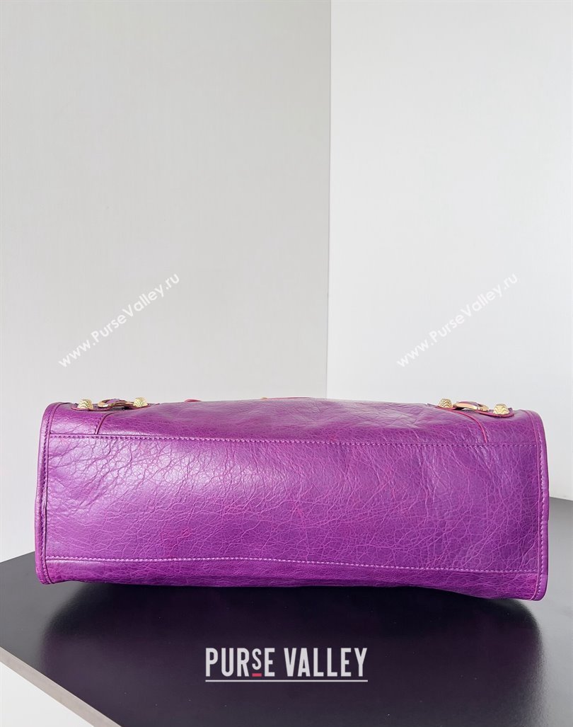 Balenciaga Classic City Large Handbag with Spiral Hardware in Arena Lambskin Purple/Gold (jiche-23112004)