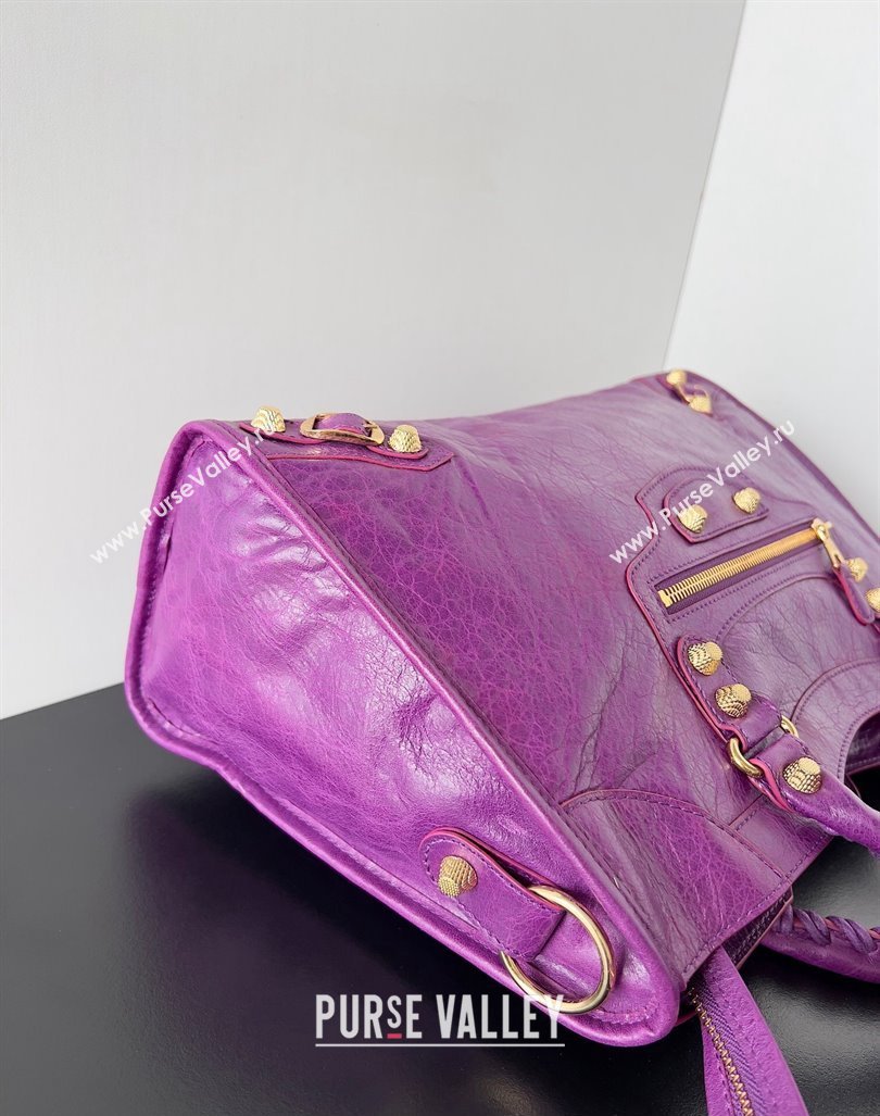 Balenciaga Classic City Large Handbag with Spiral Hardware in Arena Lambskin Purple/Gold (jiche-23112004)