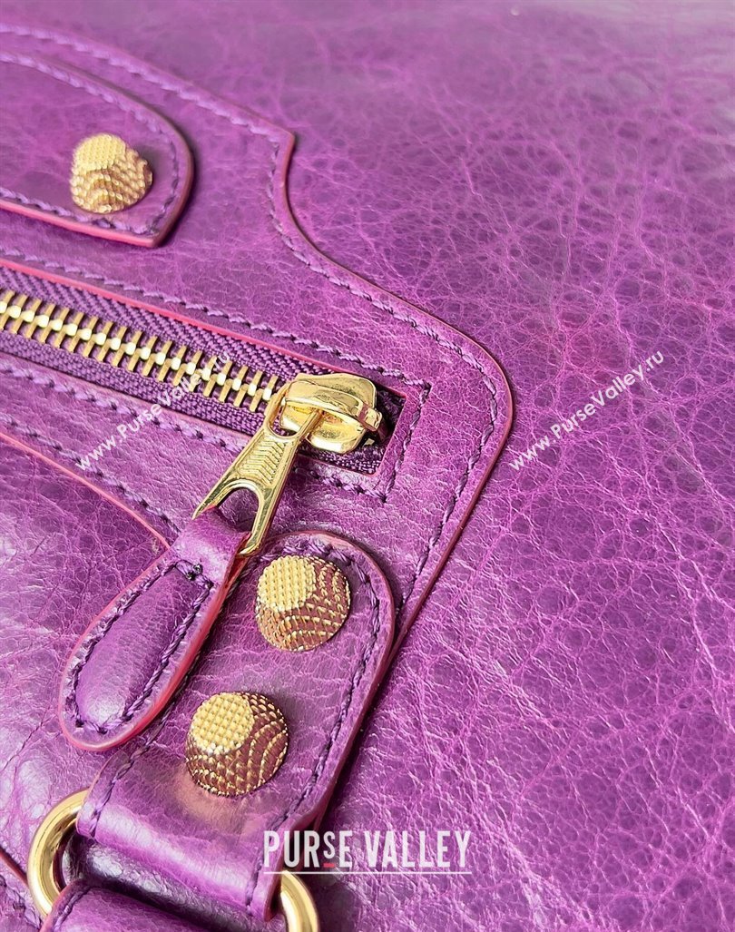 Balenciaga Classic City Large Handbag with Spiral Hardware in Arena Lambskin Purple/Gold (jiche-23112004)