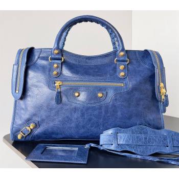 Balenciaga Classic City Large Handbag with Spiral Hardware in Arena Lambskin Blue/Gold (jiche-23112006)