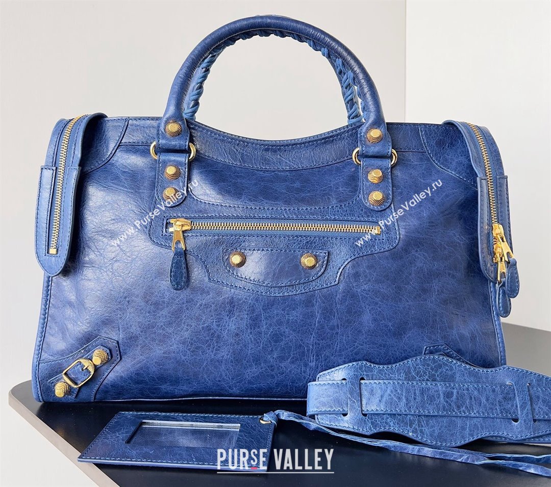 Balenciaga Classic City Large Handbag with Spiral Hardware in Arena Lambskin Blue/Gold (jiche-23112006)