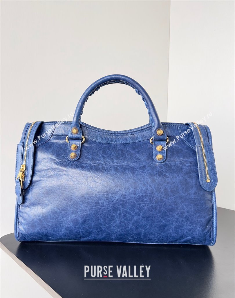 Balenciaga Classic City Large Handbag with Spiral Hardware in Arena Lambskin Blue/Gold (jiche-23112006)