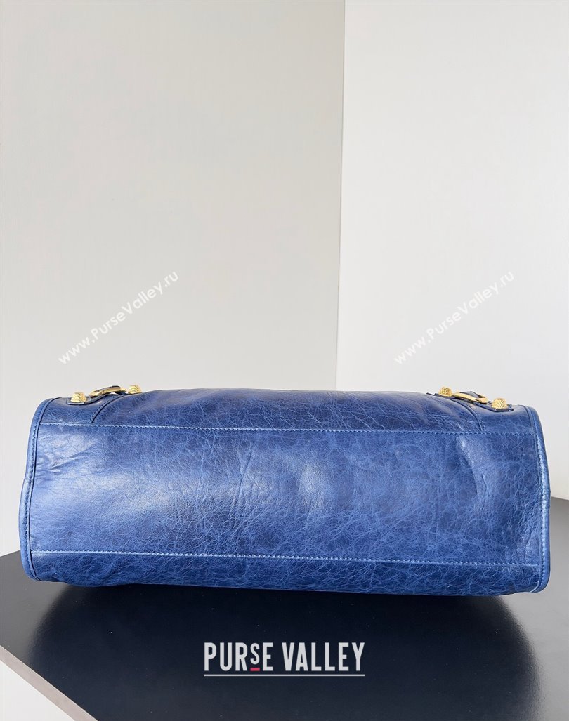 Balenciaga Classic City Large Handbag with Spiral Hardware in Arena Lambskin Blue/Gold (jiche-23112006)