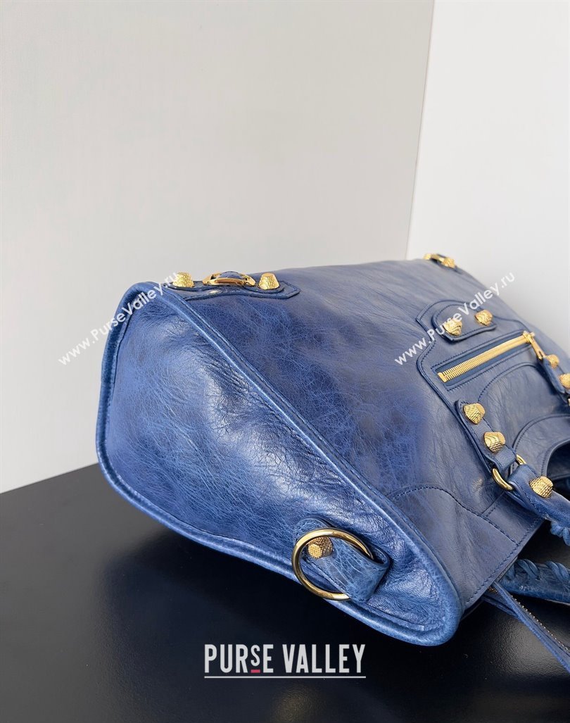 Balenciaga Classic City Large Handbag with Spiral Hardware in Arena Lambskin Blue/Gold (jiche-23112006)