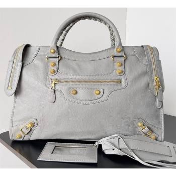 Balenciaga Classic City Large Handbag with Spiral Hardware in Arena Lambskin Light Gray/Gold (jiche-23112007)