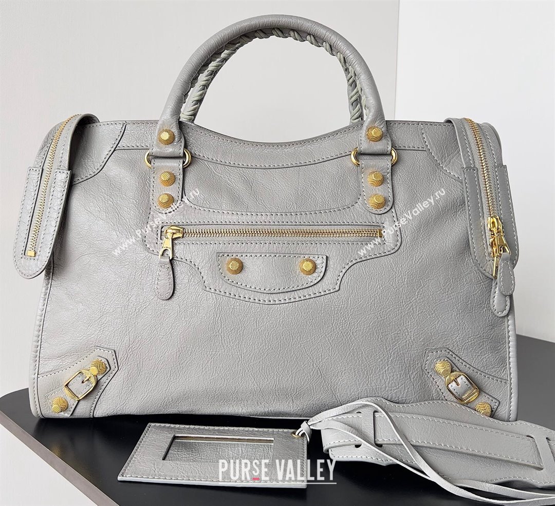 Balenciaga Classic City Large Handbag with Spiral Hardware in Arena Lambskin Light Gray/Gold (jiche-23112007)
