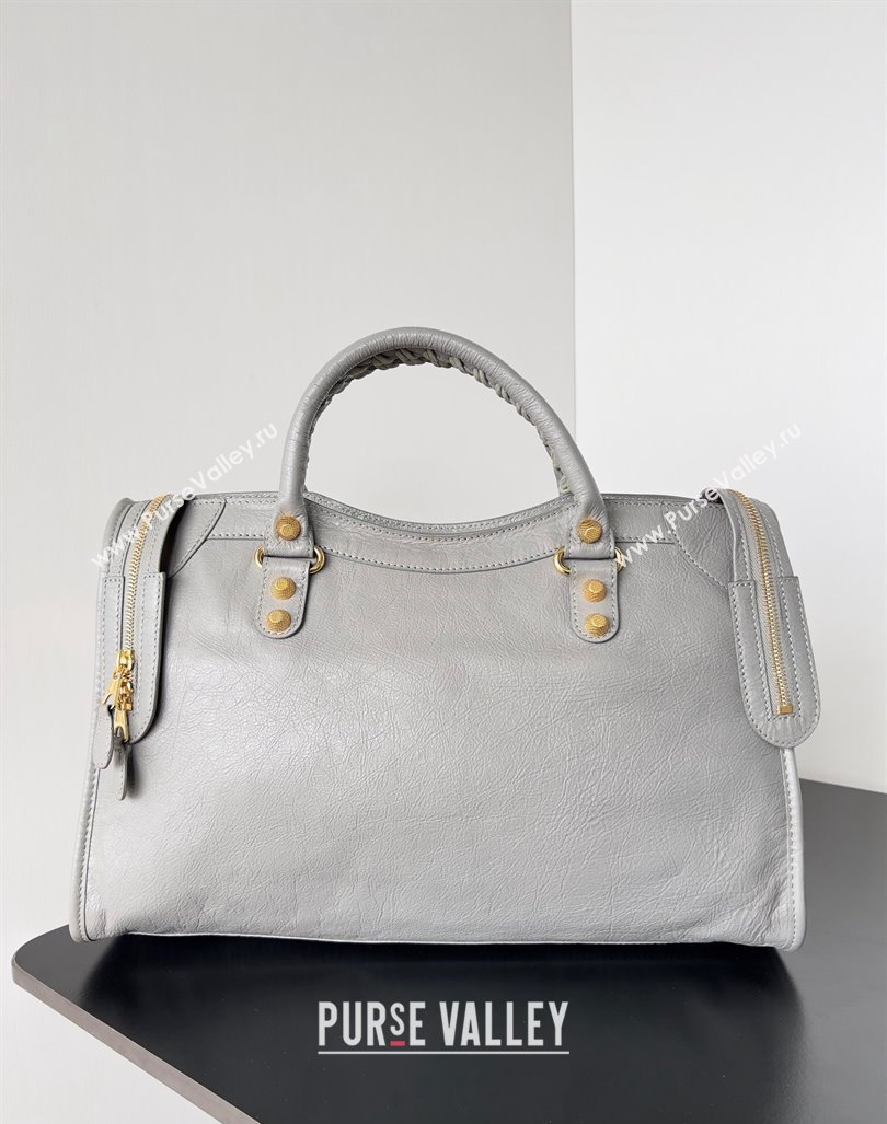Balenciaga Classic City Large Handbag with Spiral Hardware in Arena Lambskin Light Gray/Gold (jiche-23112007)