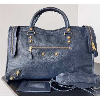 Balenciaga Classic City Large Handbag with Spiral Hardware in Arena Lambskin Dark Blue/Gold (jiche-23112008)