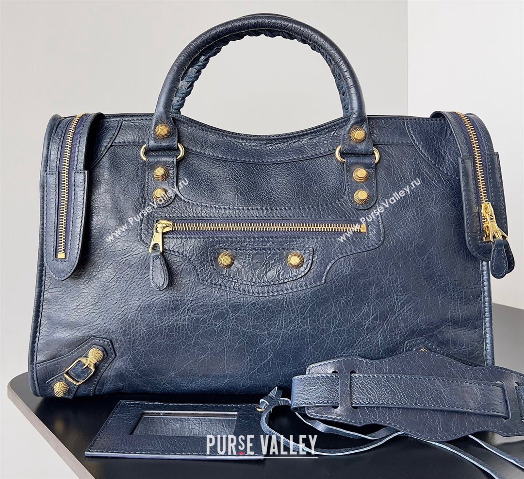 Balenciaga Classic City Large Handbag with Spiral Hardware in Arena Lambskin Dark Blue/Gold (jiche-23112008)