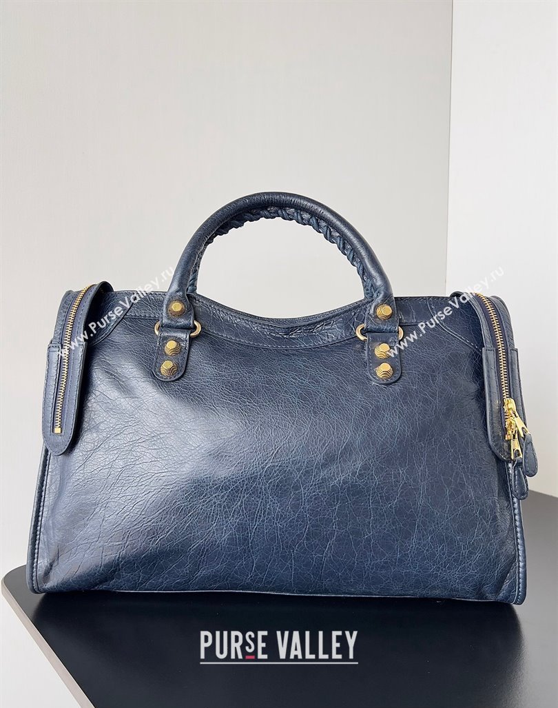 Balenciaga Classic City Large Handbag with Spiral Hardware in Arena Lambskin Dark Blue/Gold (jiche-23112008)